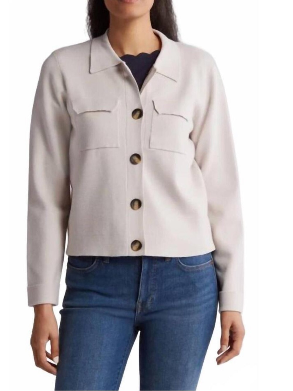 NWT T Tahari Collar Button Front Crop Sweater Jacket Cardigan Tranquil Taupe XS